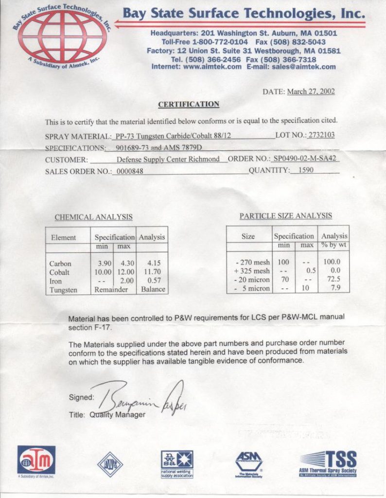Bay State Plasma Powder Certificate